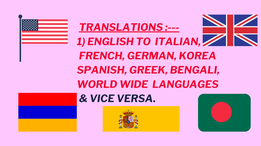 I will Translate English to Spanish, German, Italian, Korea, French, Greek, Bengali, World wide lang