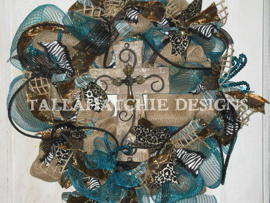 Burlap And Turquoise Deco Mesh Wreath
