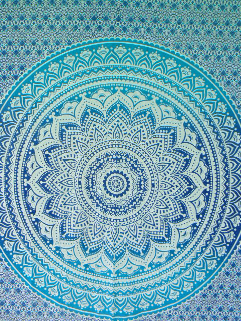 BLUE PRINTED QUEEN SIZE WALL TAPESTRY-BOHO MANDALA TAPESTRIES