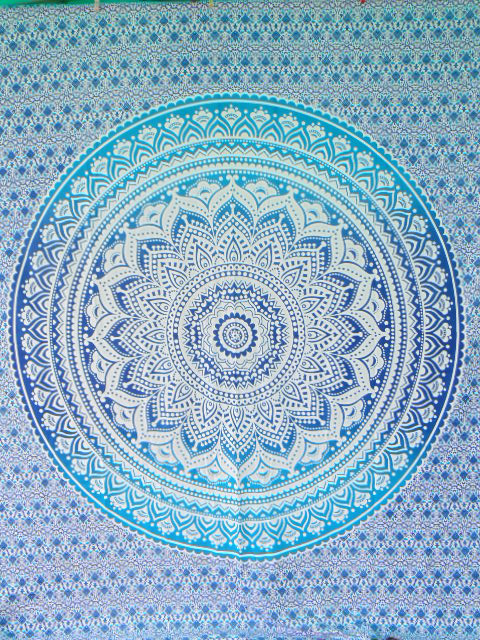 BLUE PRINTED QUEEN SIZE WALL TAPESTRY-BOHO MANDALA TAPESTRIES