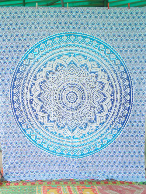 BLUE PRINTED QUEEN SIZE WALL TAPESTRY-BOHO MANDALA TAPESTRIES