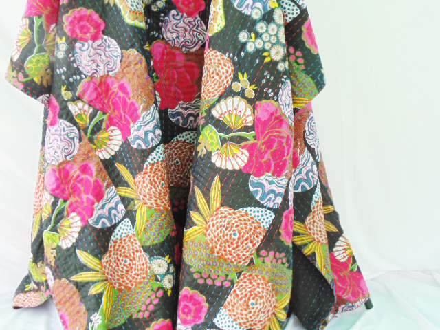 Black floral kantha Quilt