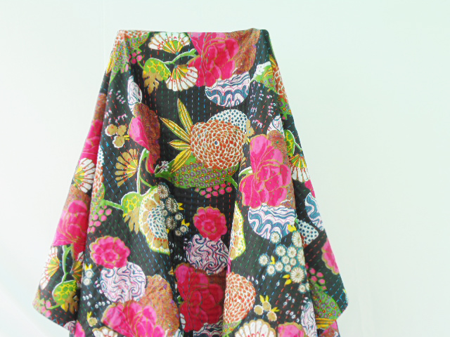 Black floral kantha Quilt