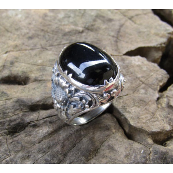 Silver ring flower motif patra bali stone carving blackonyx 