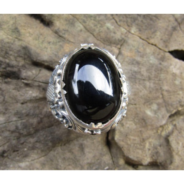 Silver ring flower motif patra bali stone carving blackonyx 